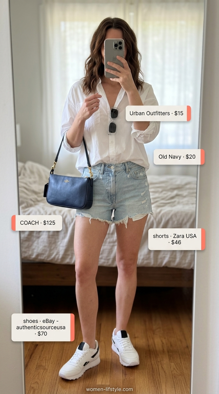 Influencer Summer Fashion Outfits 2026: Denim Shorts & Shirt Influencer summer fashion outfits for women 2026: Denim shorts, white oversized shirt, navy bag for city sightseeing.