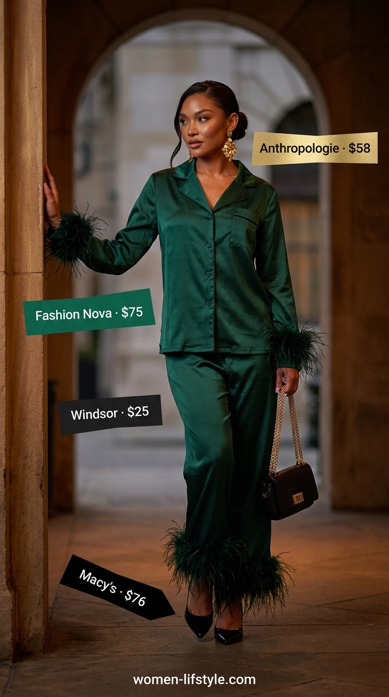 Influencer Summer Fashion Outfits 2026: Emerald Green Set Influencer summer fashion outfits for women 2026: Emerald green satin set, gold earrings for evening glamour.