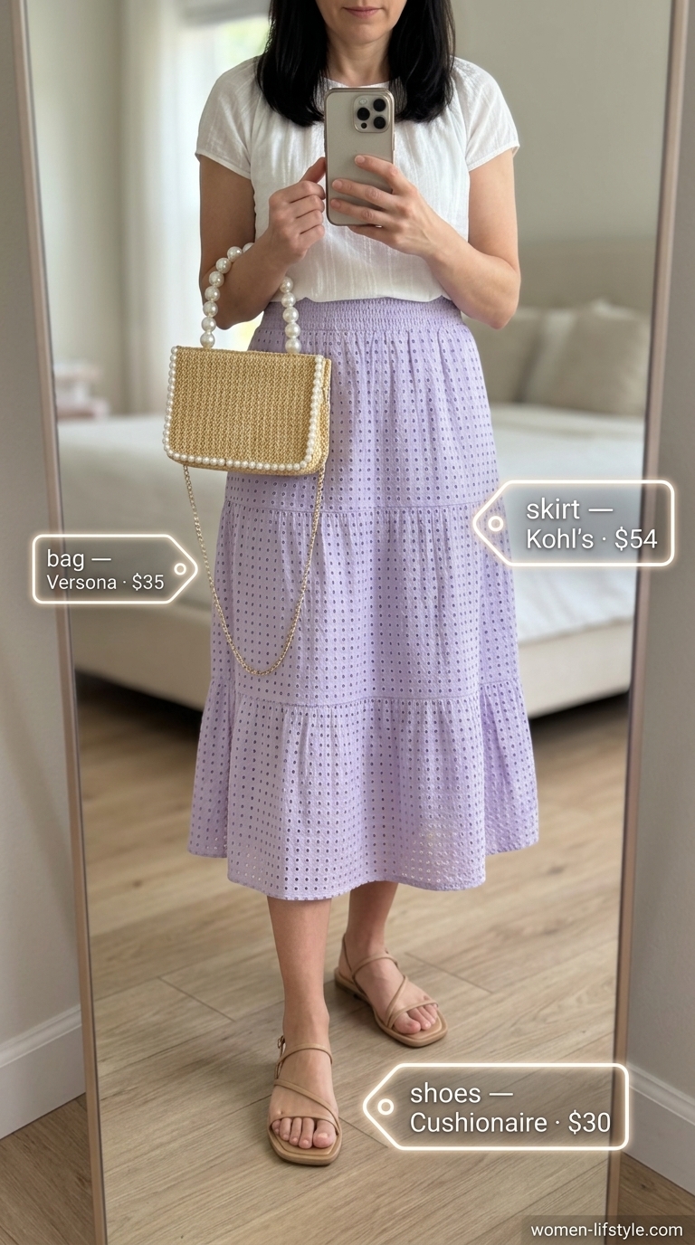 Influencer Summer Fashion Outfits 2026: Lavender Midi Skirt Influencer summer fashion outfits for women 2026: Lavender midi skirt, white tank, pearl accessories for garden party.
