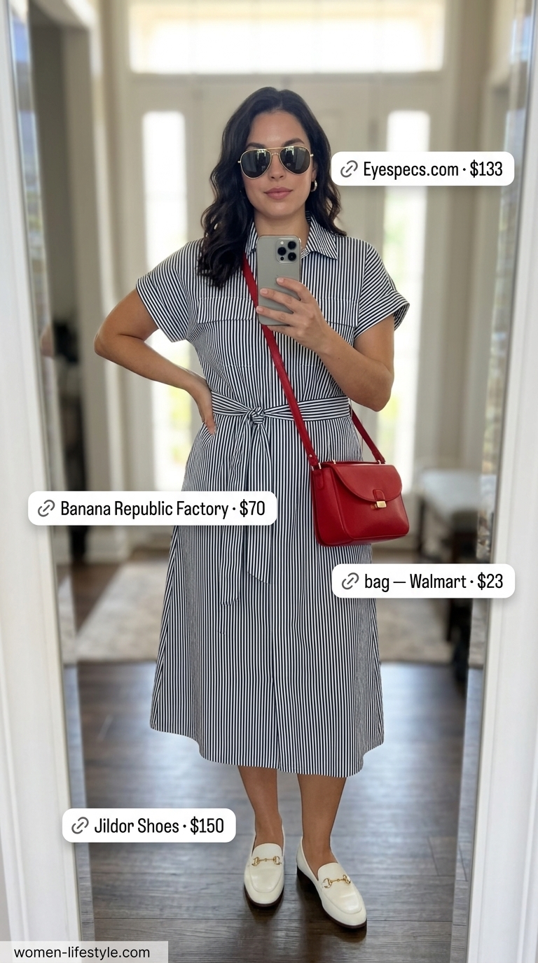 Influencer Summer Fashion Outfits 2026: Navy Stripe Dress Influencer summer fashion outfits for women 2026: Navy stripe midi dress, red bag, white loafers for nautical charm.