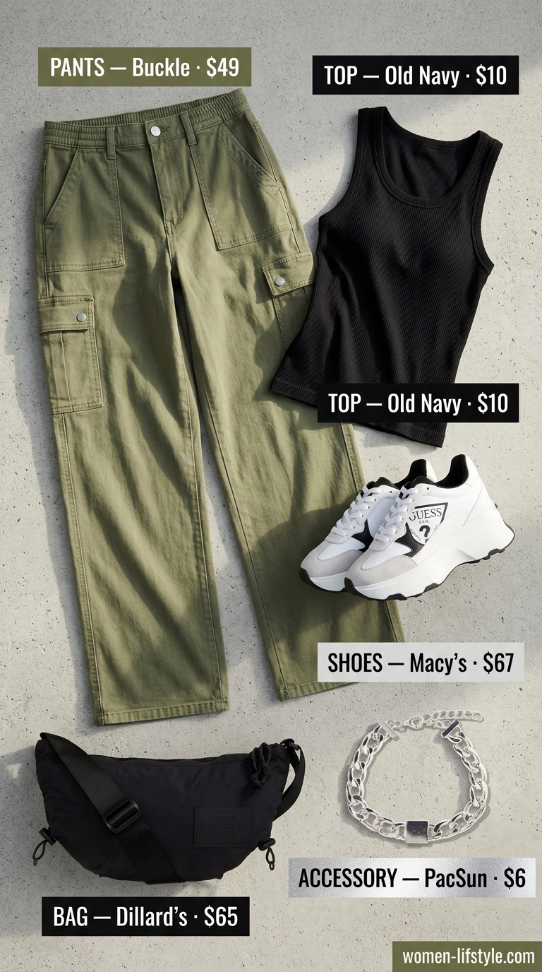 Influencer Summer Fashion Outfits 2026: Olive Cargo Pants Influencer summer fashion outfits for women 2026: Olive cargo pants, black tank, chunky sneakers for street style.