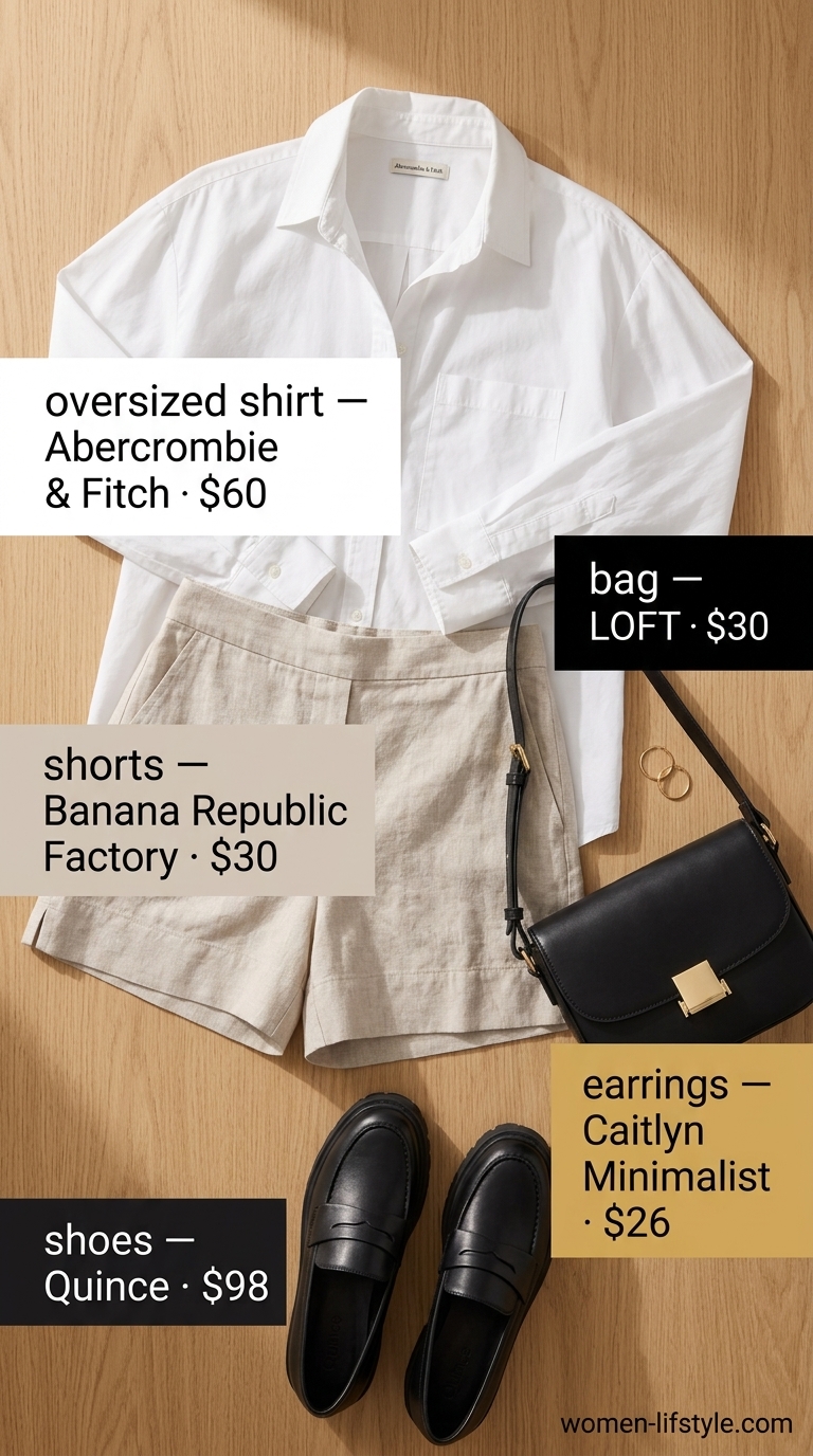 Influencer Summer Fashion Outfits 2026: Oversized Shirt Style Influencer summer fashion outfits for women 2026: White oversized shirt, beige shorts, black loafers for relaxed chic brunch.