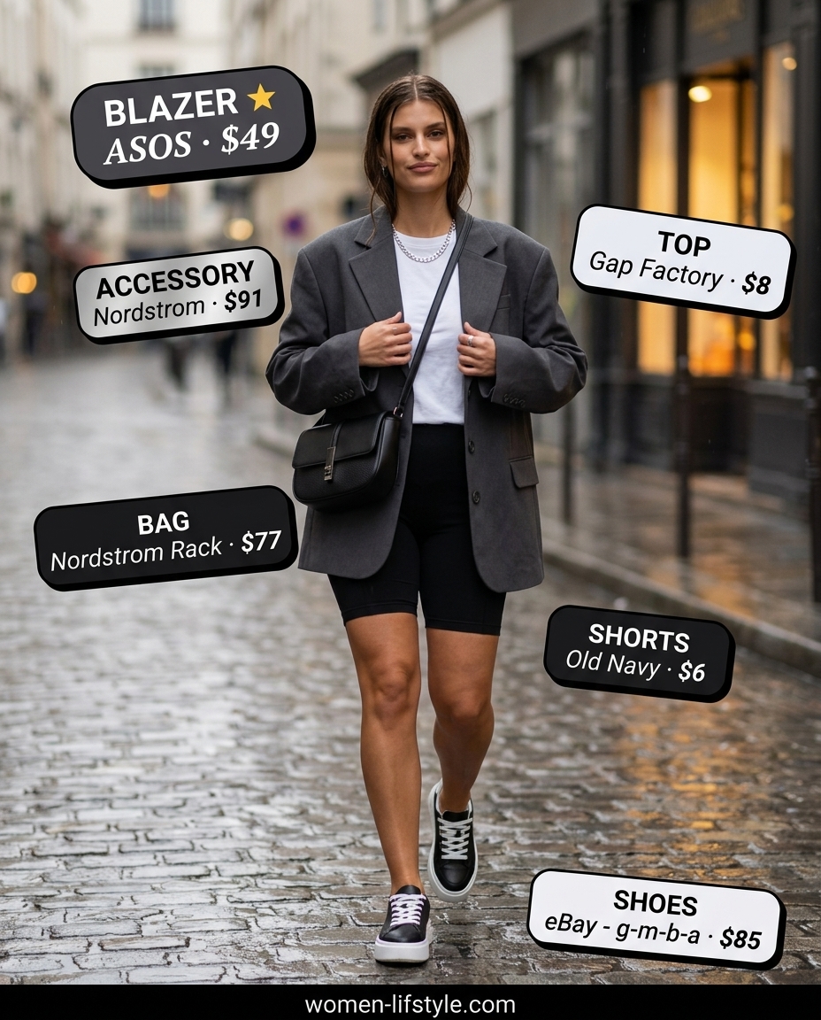 Edgy layered rainy day summer outfits for women 2026. Oversized blazer, bike shorts, and sneakers.