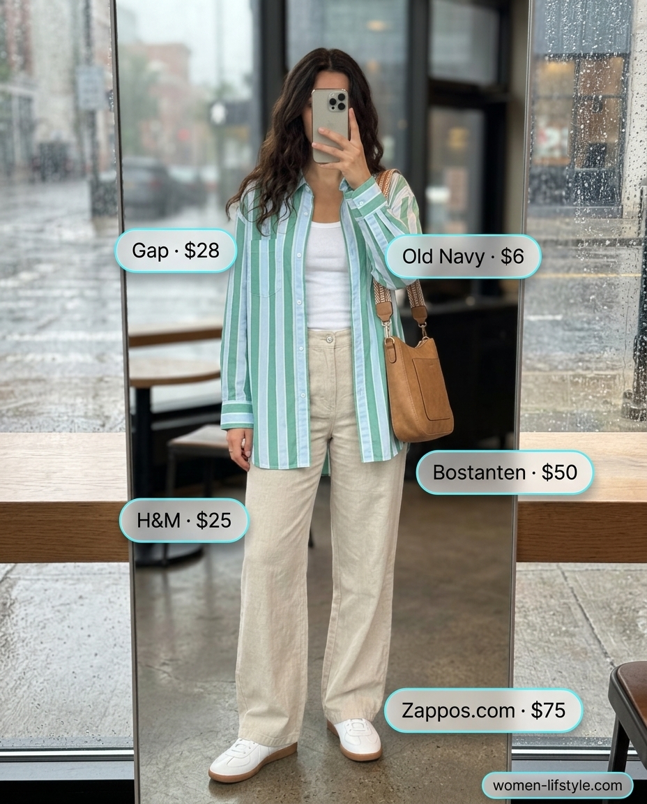 Oversized button-down shirt for layered rainy day summer outfits for women 2026. Relaxed and casual.