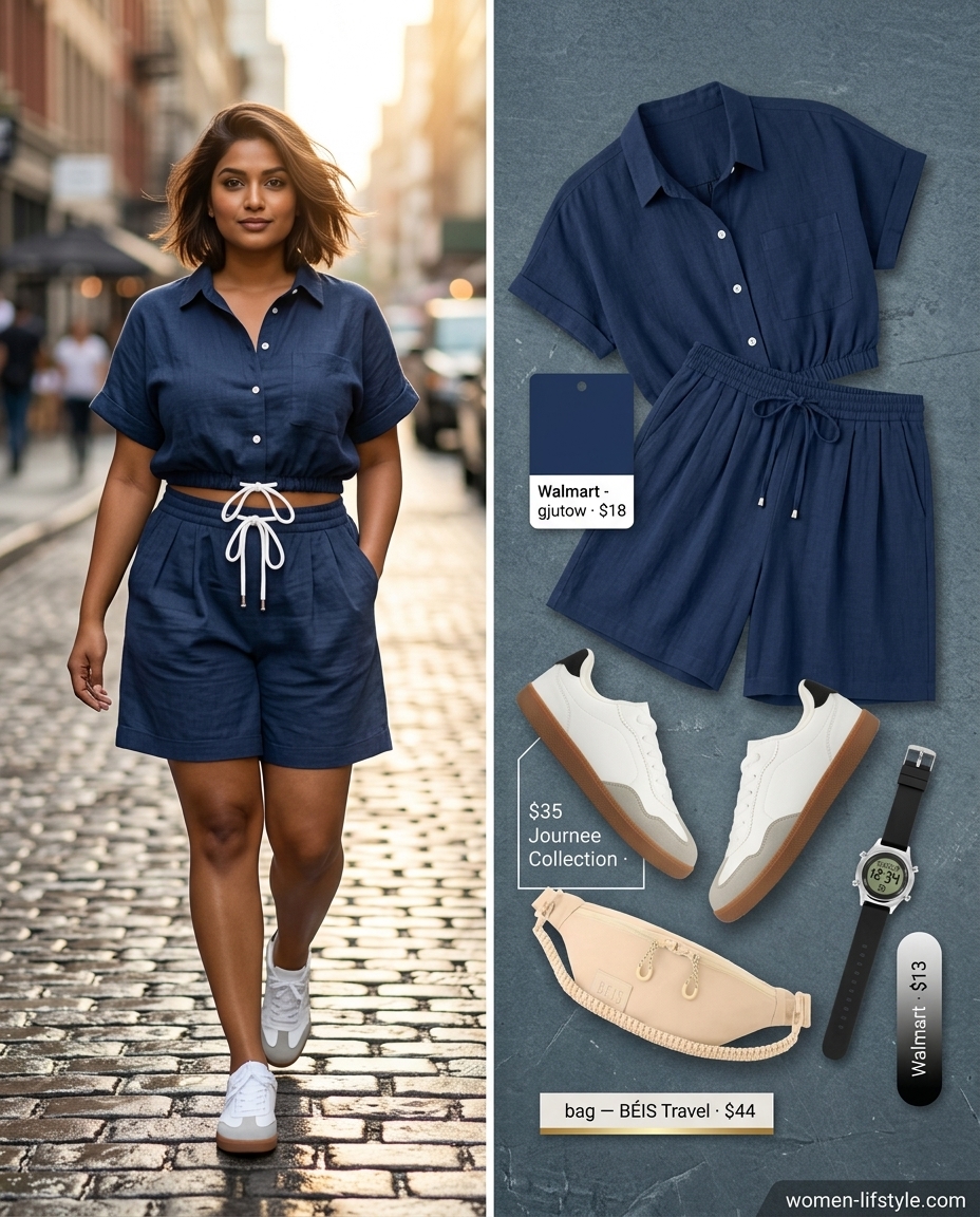 Layered rainy day summer outfits for women 2026: Navy shorts set with water-resistant sneakers for city exploration.