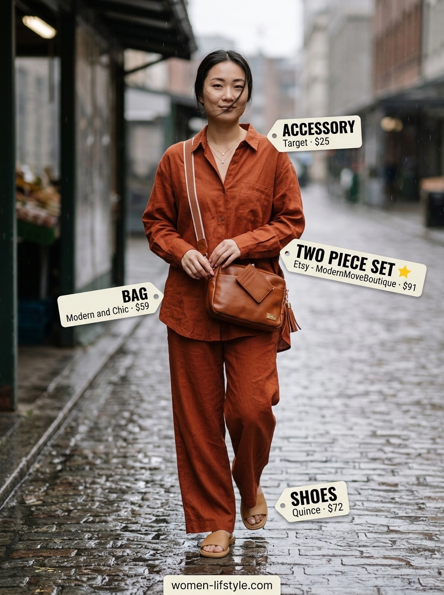 Layered rainy day summer outfits for women 2026: Cream linen set with leather slides for a chic daytime event or vacation.