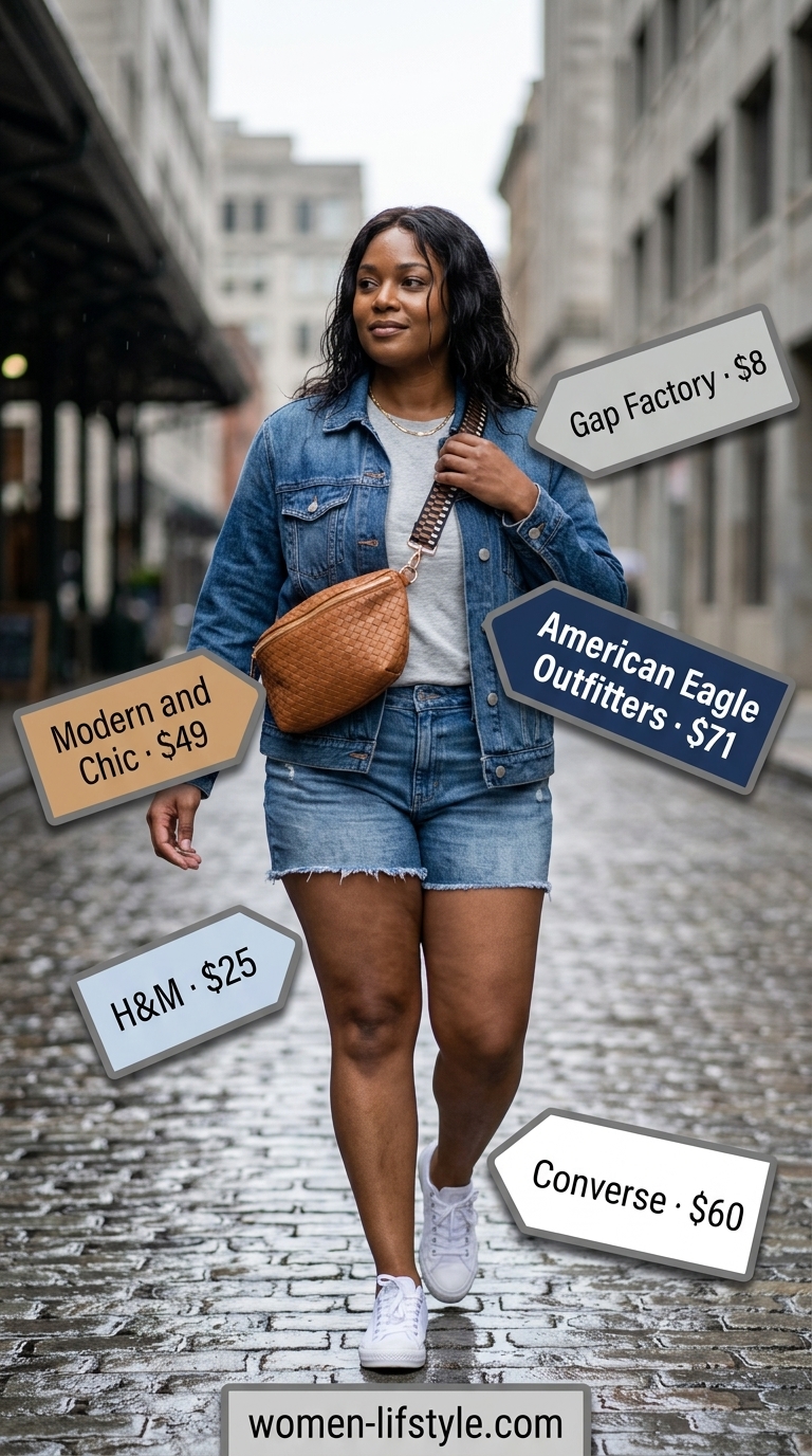 Denim jacket and shorts for layered rainy day summer outfits for women 2026. Casual and relaxed.