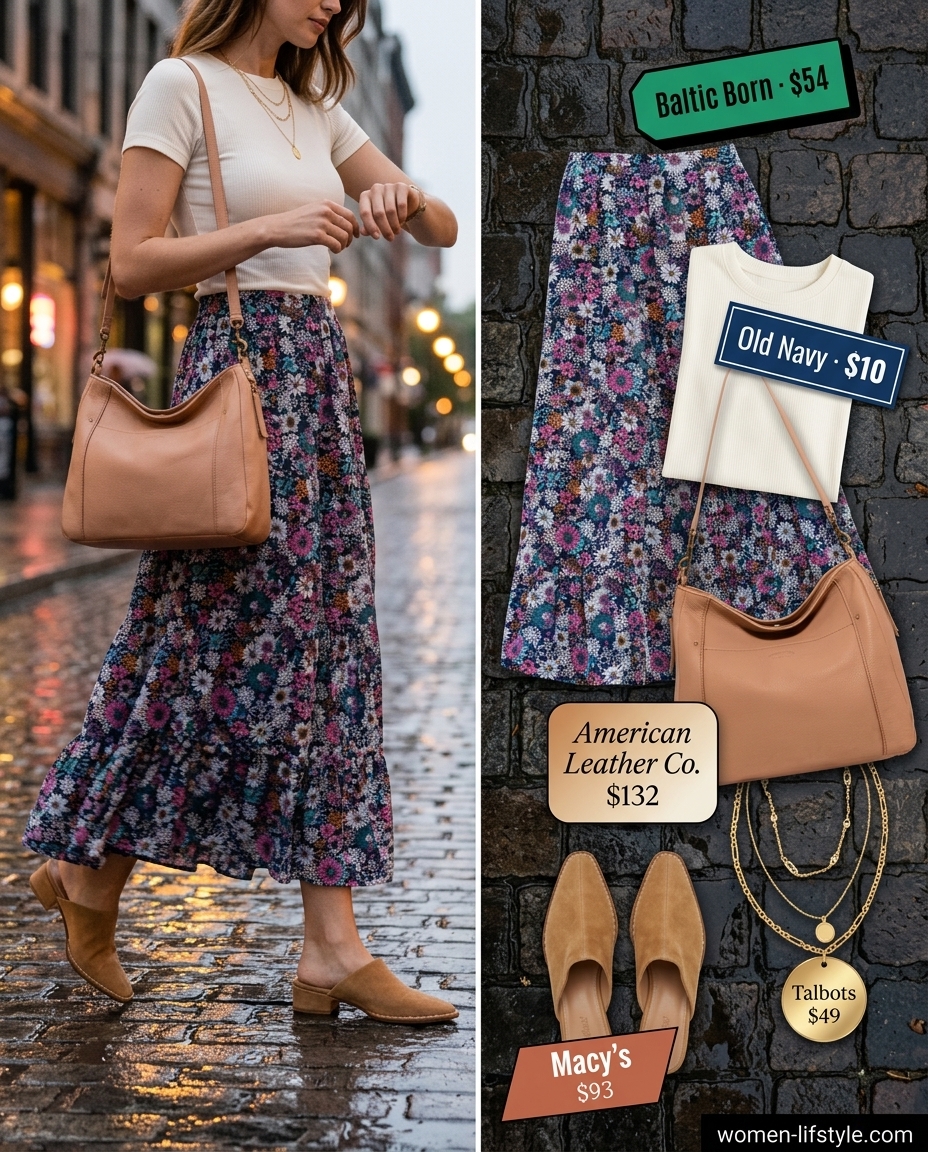 Floral maxi skirt for layered rainy day summer outfits for women 2026. Bohemian and feminine.