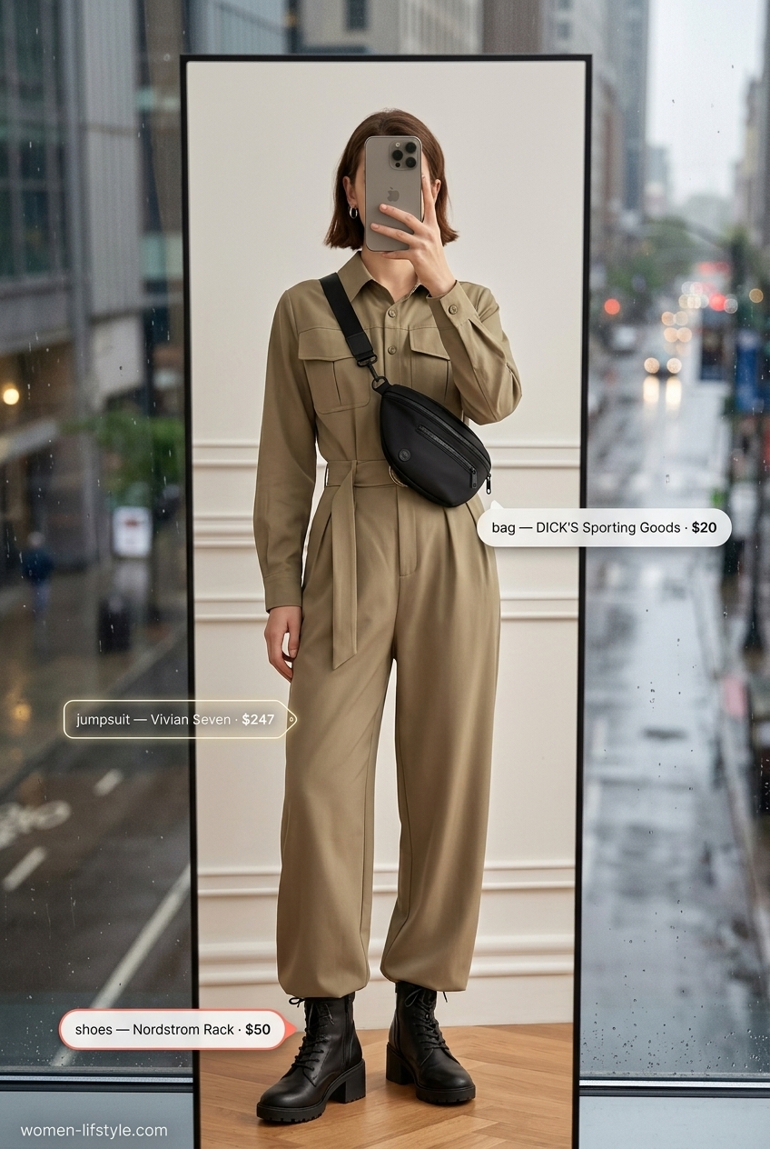 Khaki utility jumpsuit for layered rainy day summer outfits for women 2026. Practical and stylish.