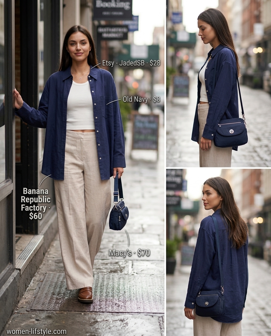 Layered rainy day summer outfits for women 2026: Beige linen pants, navy shirt, and loafers for relaxed weekend wear.