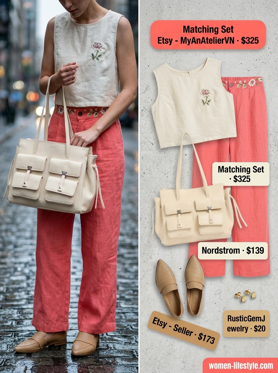 Coral pink linen set for layered rainy day summer outfits for women 2026. Wide-leg pants & cropped top.