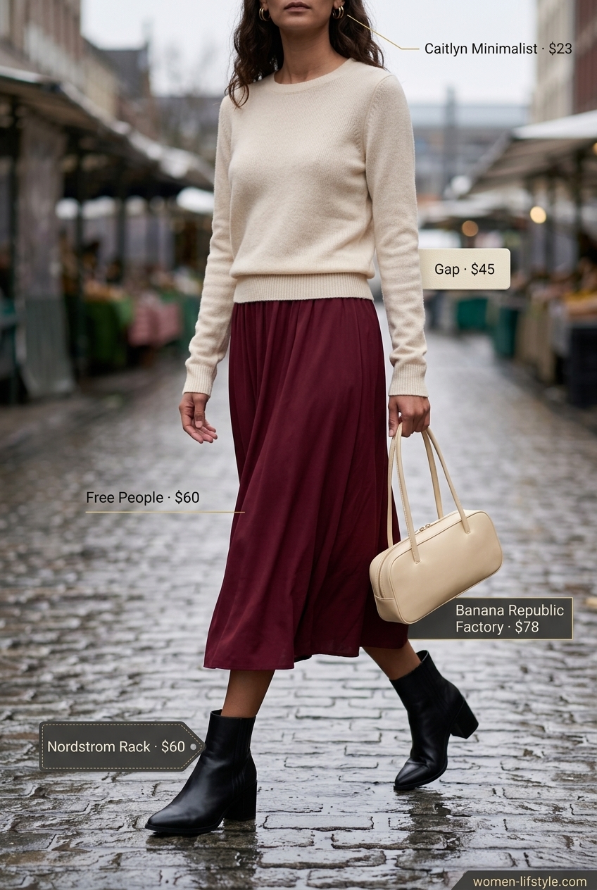 Classic A-line midi skirt for layered rainy day summer outfits for women 2026. Burgundy and beige tones.