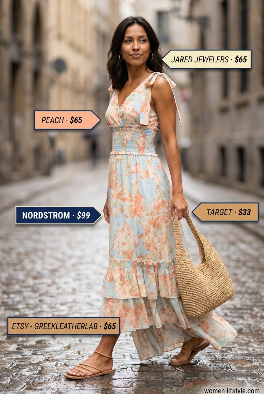 Layered rainy day summer outfits for women 2026: Teal floral maxi dress with straw tote and flat sandals for a resort event.