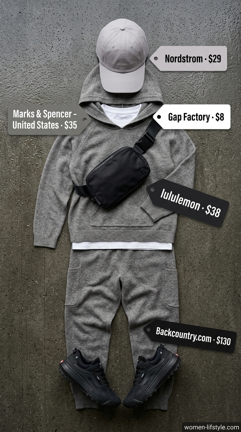 Layered rainy day summer outfits for women 2026: Grey athleisure set with water-resistant sneakers for travel or lounging.