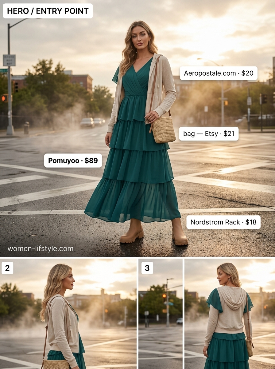 Layered rainy day summer outfits for women 2026: Teal maxi dress with hooded jacket and ankle boots for a feminine look.