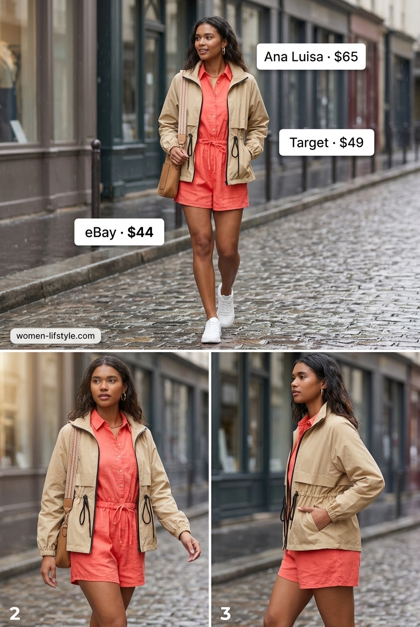 Layered rainy day summer outfits for women 2026: Coral romper with hooded jacket and white sneakers for a playful casual look.