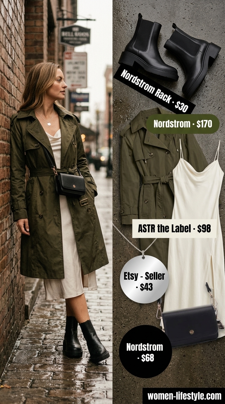 Layered rainy day summer outfits for women 2026: Olive trench coat over midi dress and waterproof boots for city errands.