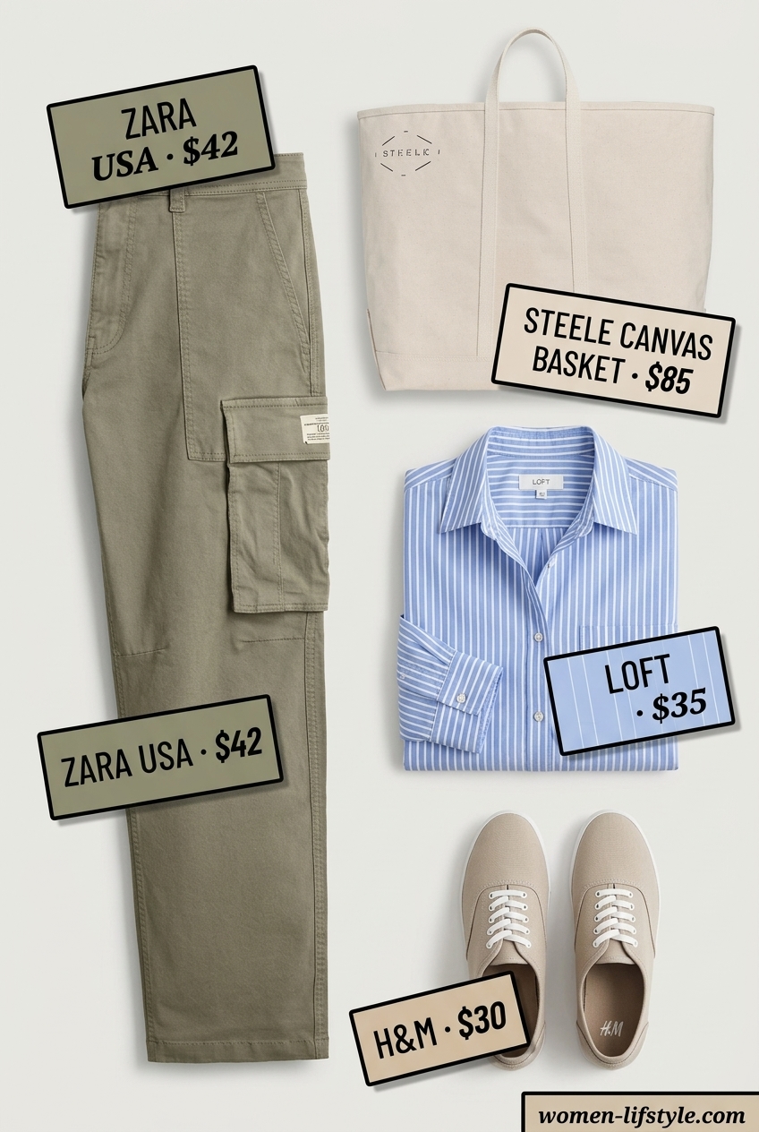Layered rainy day summer outfits for women 2026: Khaki cargo pants, stripe shirt, and canvas tote for casual weekend errands.