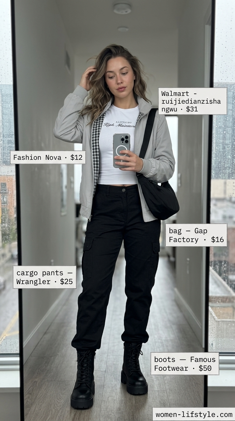 Modern layered rainy day summer outfit for women 2026: Cargo pants, graphic tee, and bomber jacket.