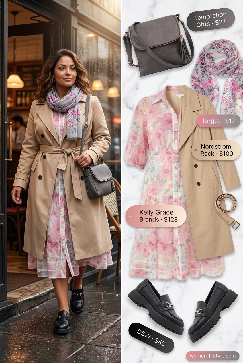 Chic layered rainy day summer outfit for women 2026: Floral midi dress, trench coat, and loafers.