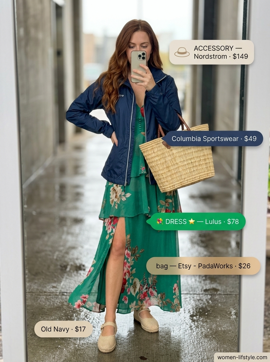 Bohemian layered rainy day summer outfit for women 2026: Floral maxi dress, rain jacket, and straw hat.