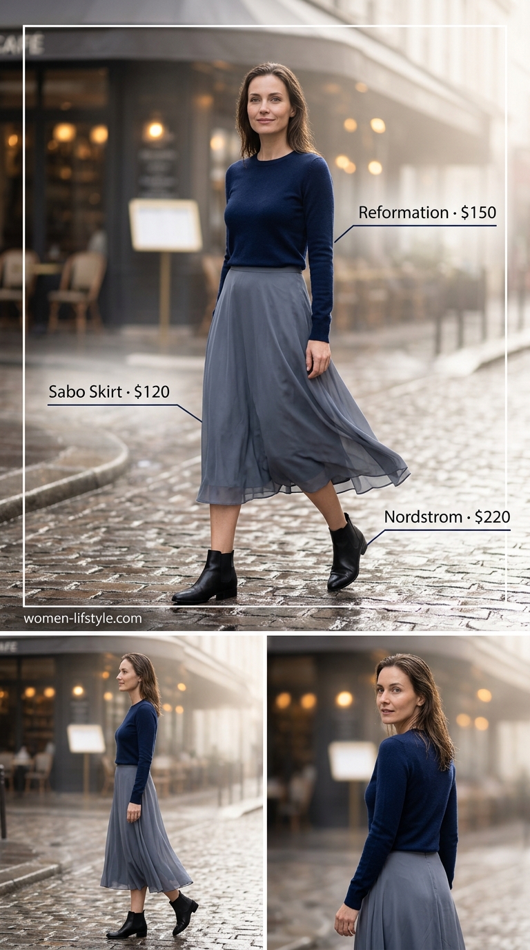 Layered rainy day summer outfit for women 2026: Navy stripe midi skirt, white tee, beige windbreaker, and loafers.