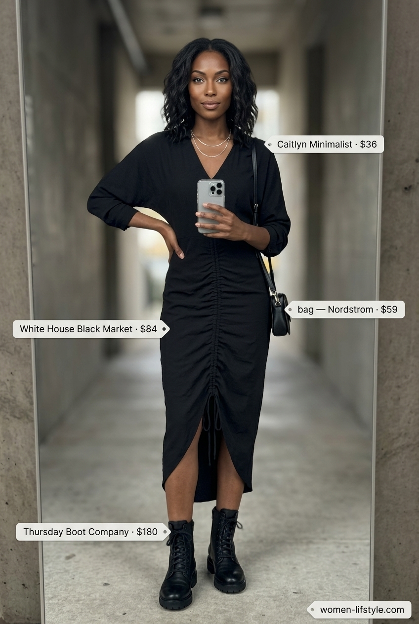 Monochromatic layered rainy day summer outfit for women 2026: Black midi dress, moto jacket, and combat boots.