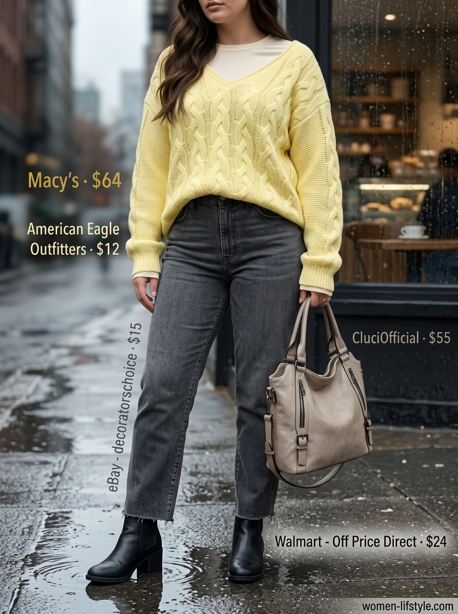 Cozy layered rainy day summer outfit for women 2026: Mustard sweater, jeans, and Chelsea boots.