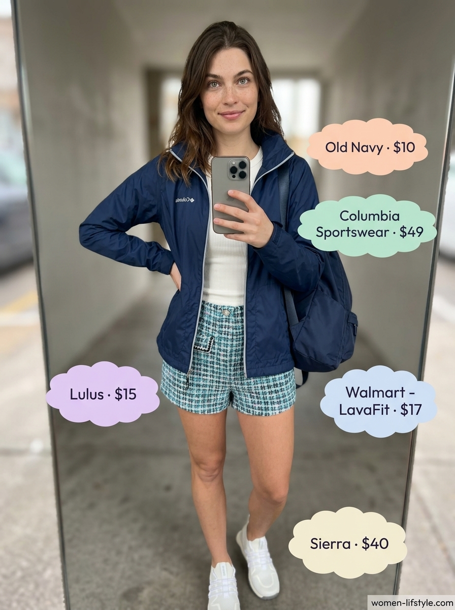 Playful layered rainy day summer outfit for women 2026: Patterned shorts, windbreaker, and sneakers.