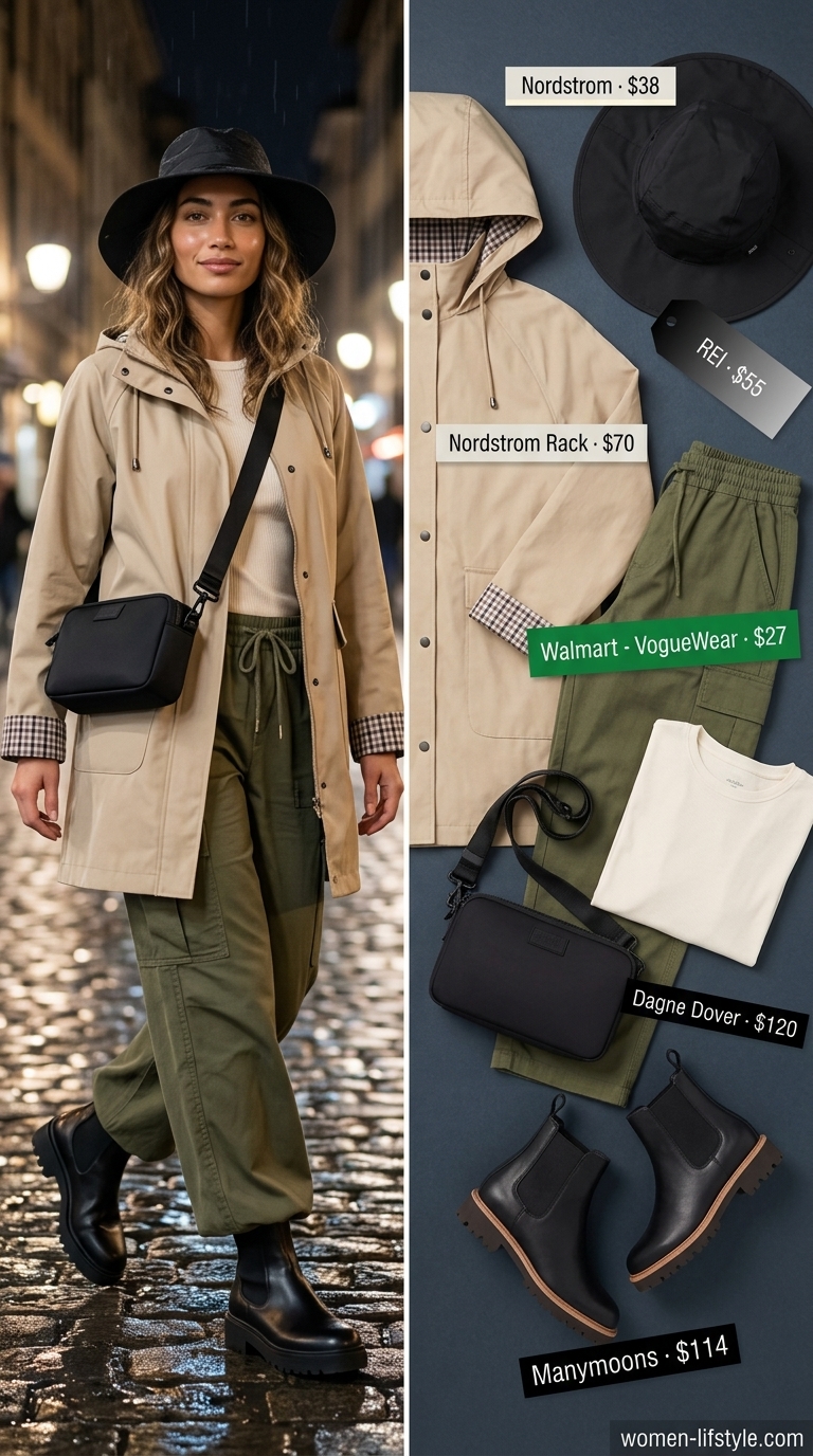 Urban layered rainy day summer outfit for women 2026: Olive wide-leg trousers, rain jacket, and Chelsea boots.