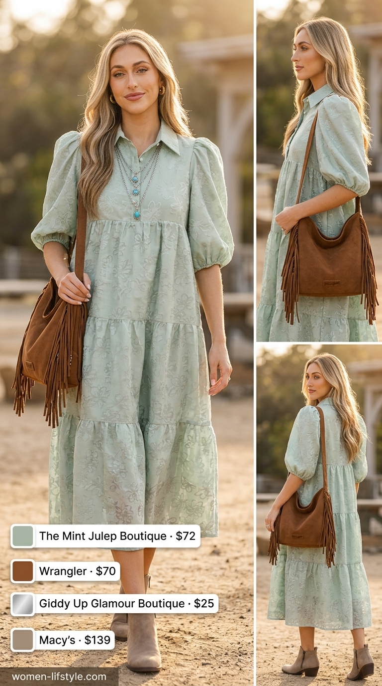Loose fit hot weather summer outfits for women 2026: Boho floral maxi dress, suede boots, fringed bag & layered necklaces.