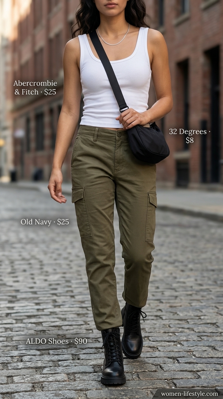 Loose fit hot weather summer outfits for women 2026: Khaki cargo pants, fitted tank, combat boots. Practical & casual.