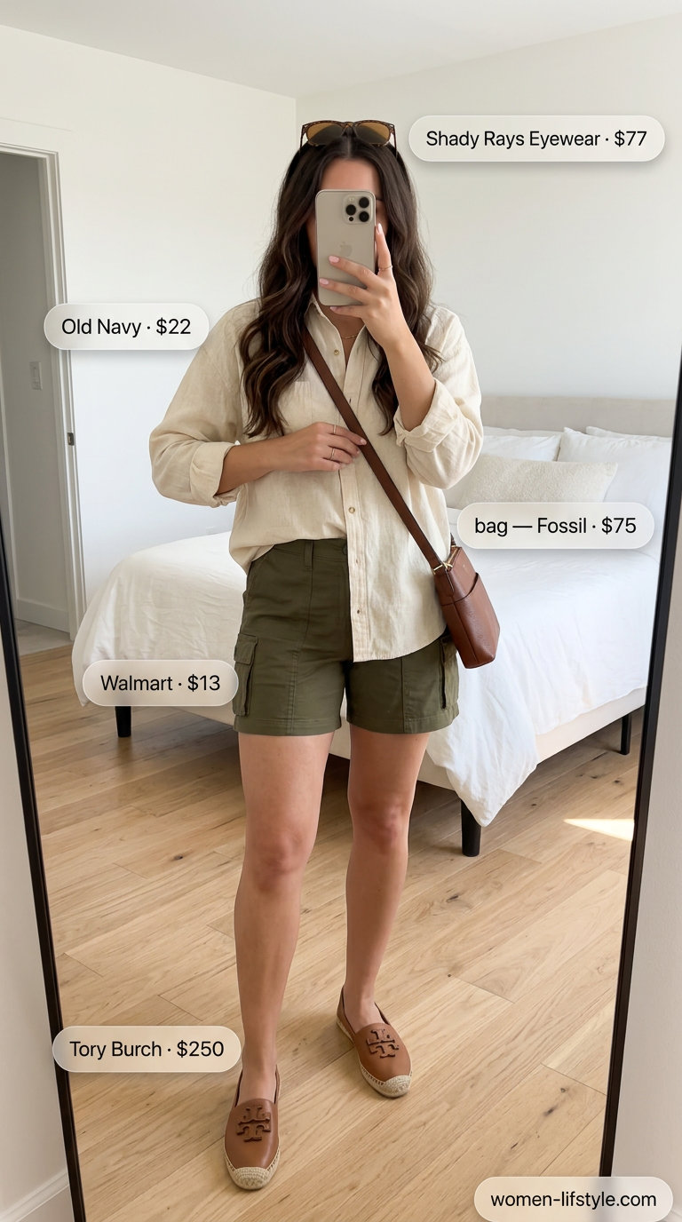 Loose fit hot weather summer outfits for women 2026: Olive cargo shorts, cream blouse, espadrilles. Casual & stylish.