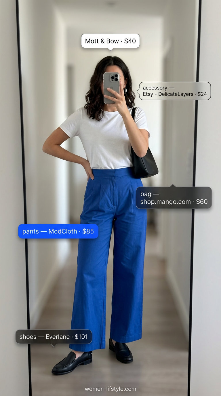 Loose fit hot weather summer outfits for women 2026: Cobalt blue wide-leg trousers, white tee, black loafers & crossbody bag.
