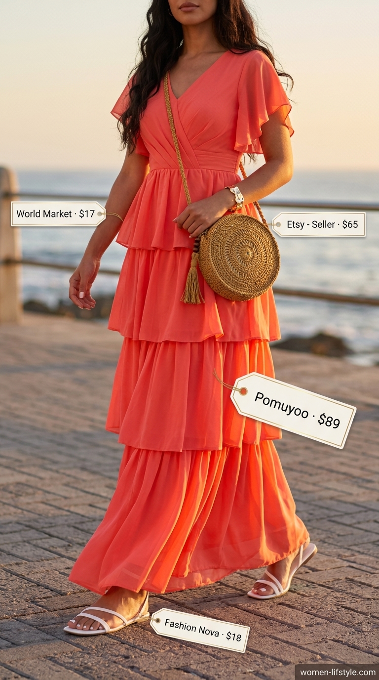 Loose fit hot weather summer outfits for women 2026: Coral flowy maxi dress, white flat sandals, gold cuff, raffia bag.