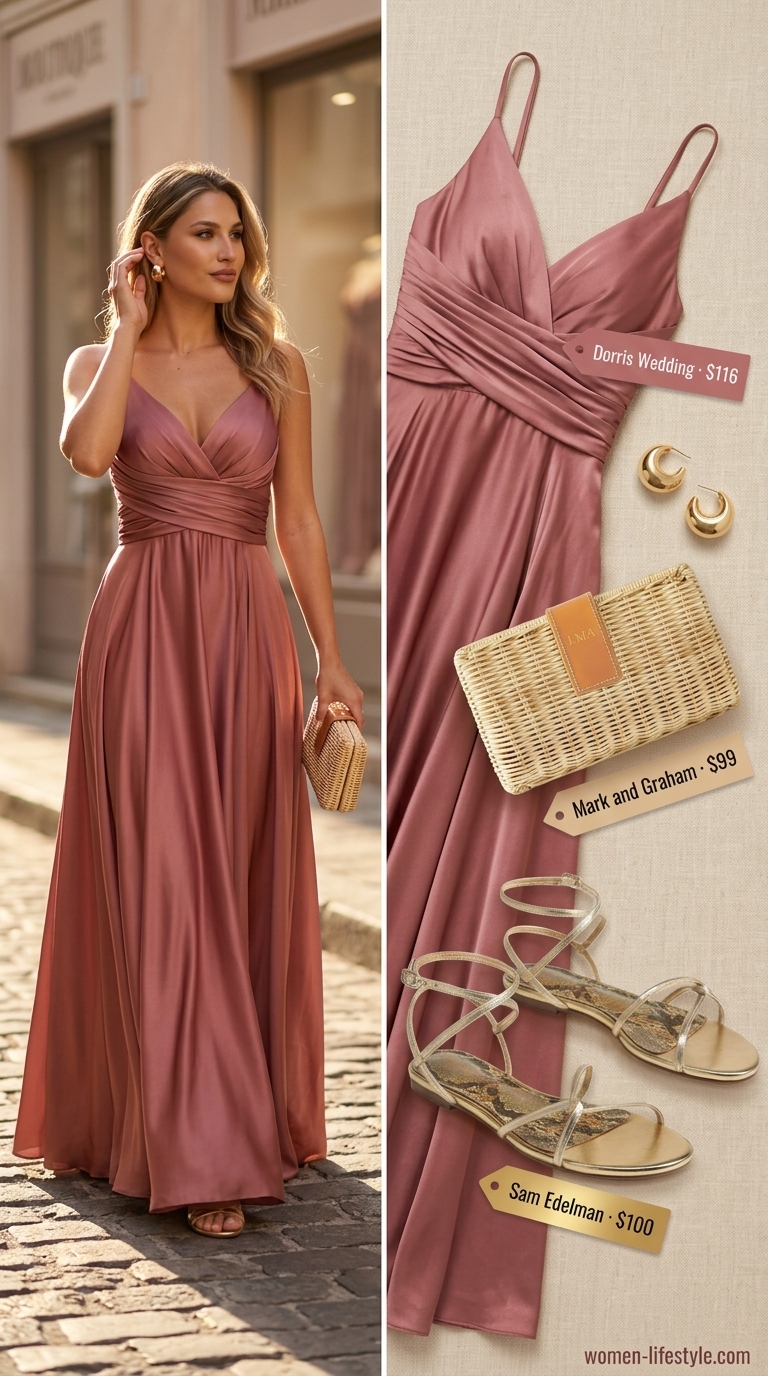 Loose fit hot weather summer outfits for women 2026: Coral maxi dress, gold hoops, metallic sandals & straw clutch for dinner.