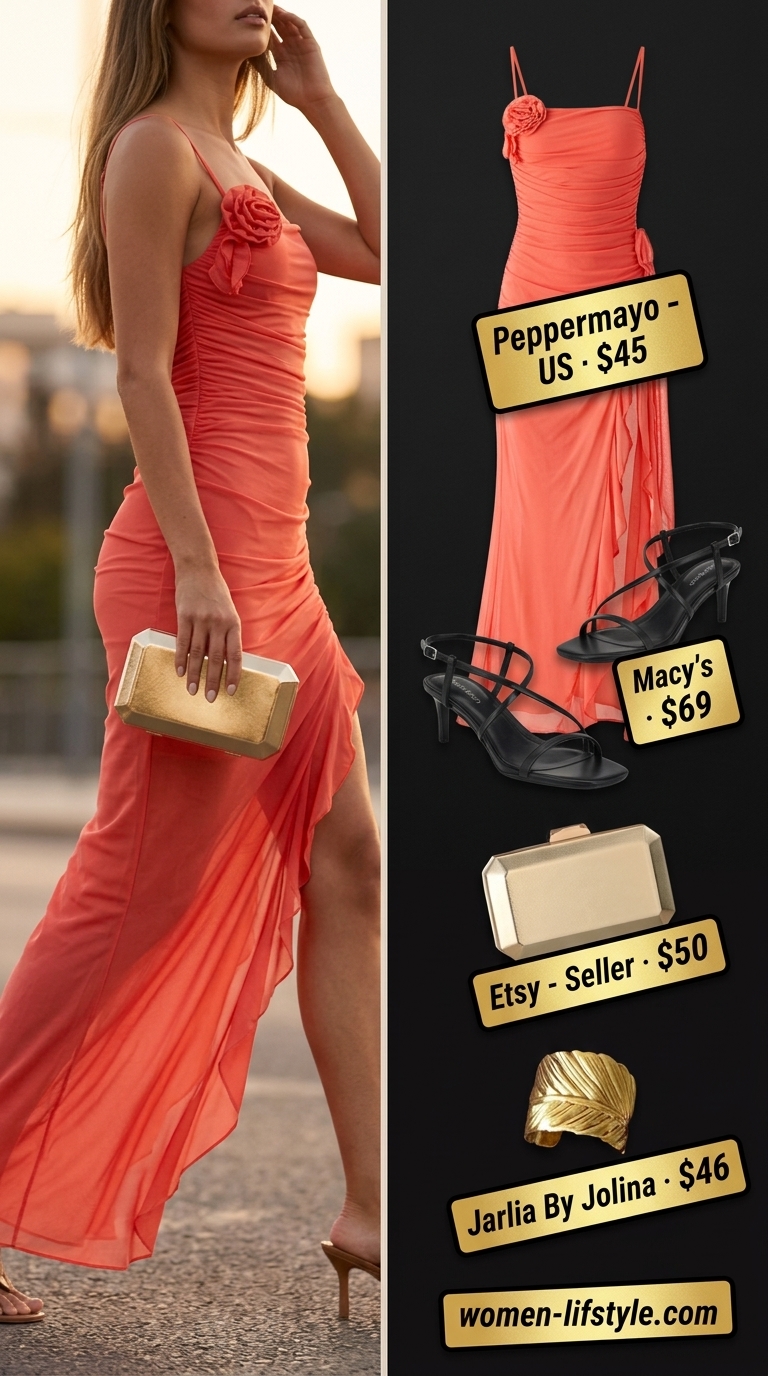 Loose fit hot weather summer outfits for women 2026: Vibrant coral maxi dress, black heeled sandals, gold cuff & clutch.