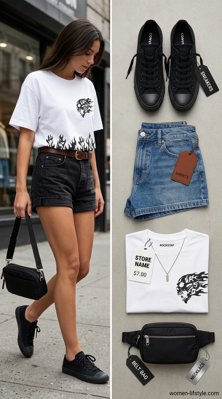 Loose fit hot weather summer outfits for women 2026: Denim shorts, graphic tee, black belt bag & sneakers for city exploration.