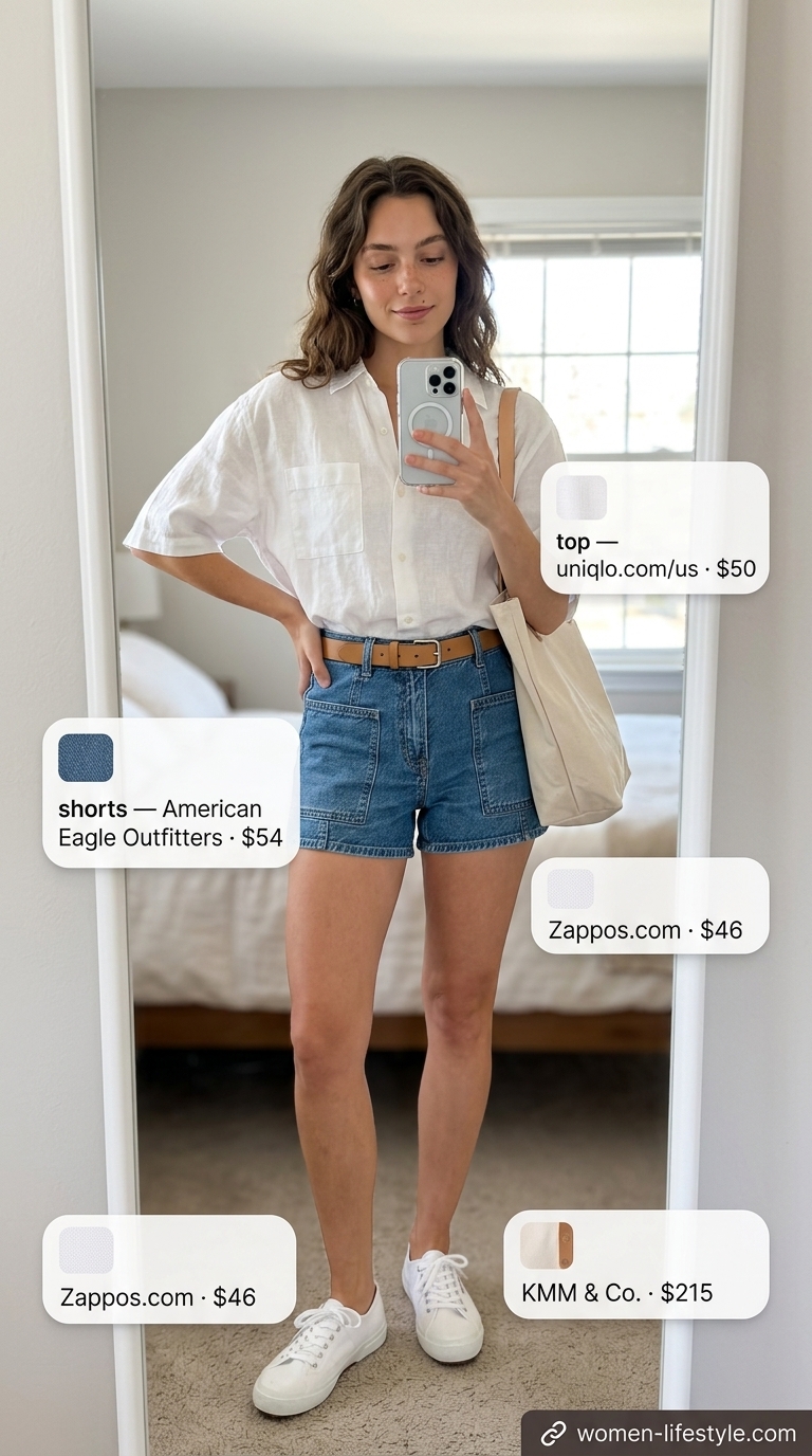 Loose fit hot weather summer outfits for women 2026: Denim shorts, oversized linen shirt, canvas tote. Casual & classic.