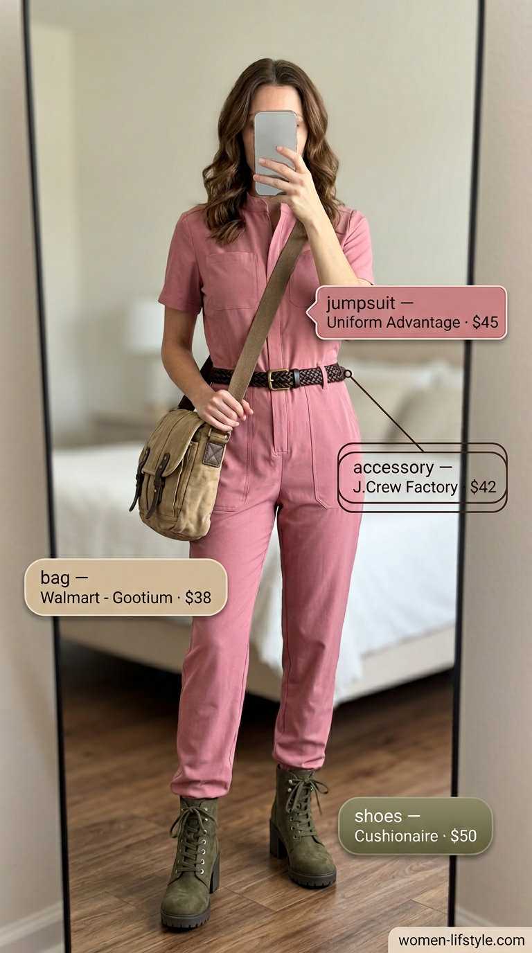 Loose fit hot weather summer outfits for women 2026: Desert Rose utility jumpsuit, brown belt, beige crossbody bag, olive green combat boots.
