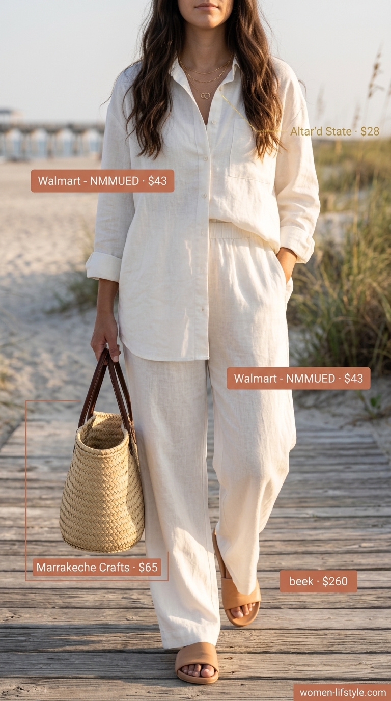 Loose fit hot weather summer outfits for women 2026: Ivory linen set, beige tote, gold necklaces & tan slides.