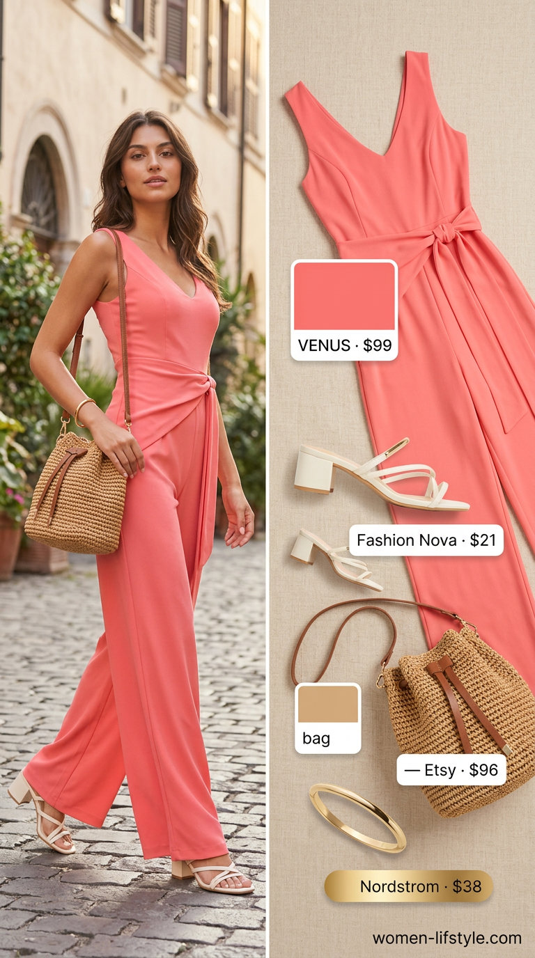 Loose fit hot weather summer outfits for women 2026: Terracotta wide-leg jumpsuit, raffia bucket bag, gold bangle. Sophisticated & relaxed.