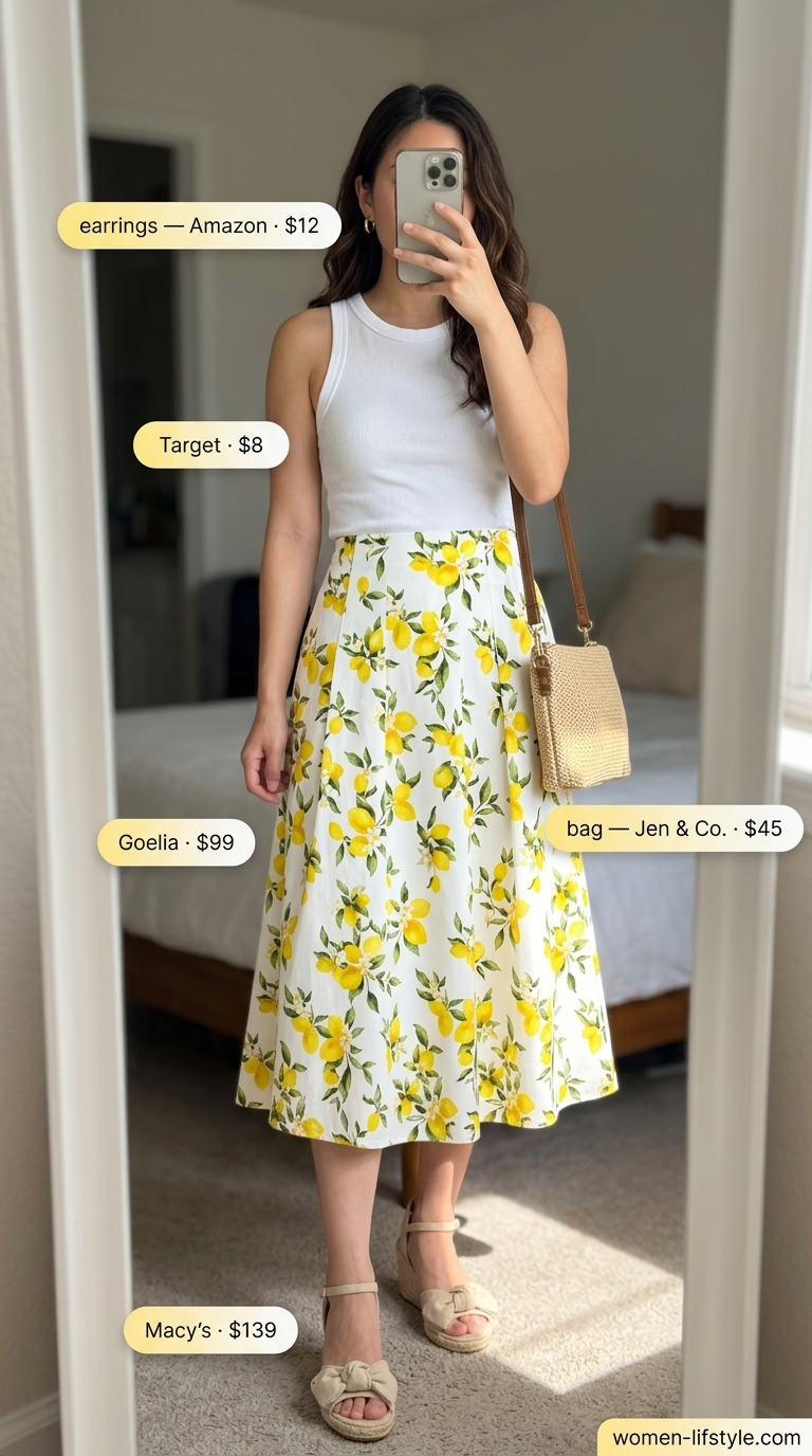 Loose fit hot weather summer outfits for women 2026: Lemon print skirt, white tank, espadrilles & straw crossbody for festival.