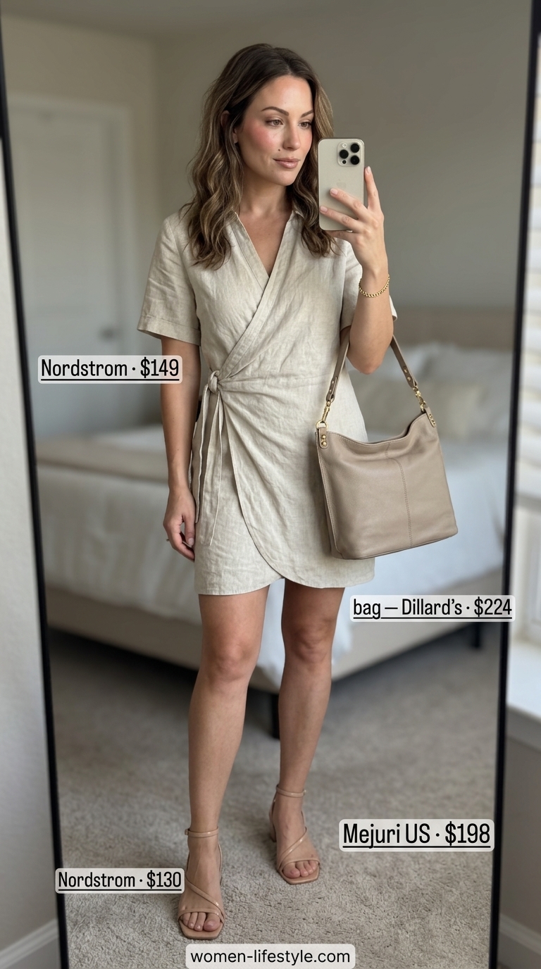 Loose fit hot weather summer outfits for women 2026: Beige linen midi dress, leather shoulder bag, suede sandals. Elegant & comfortable.