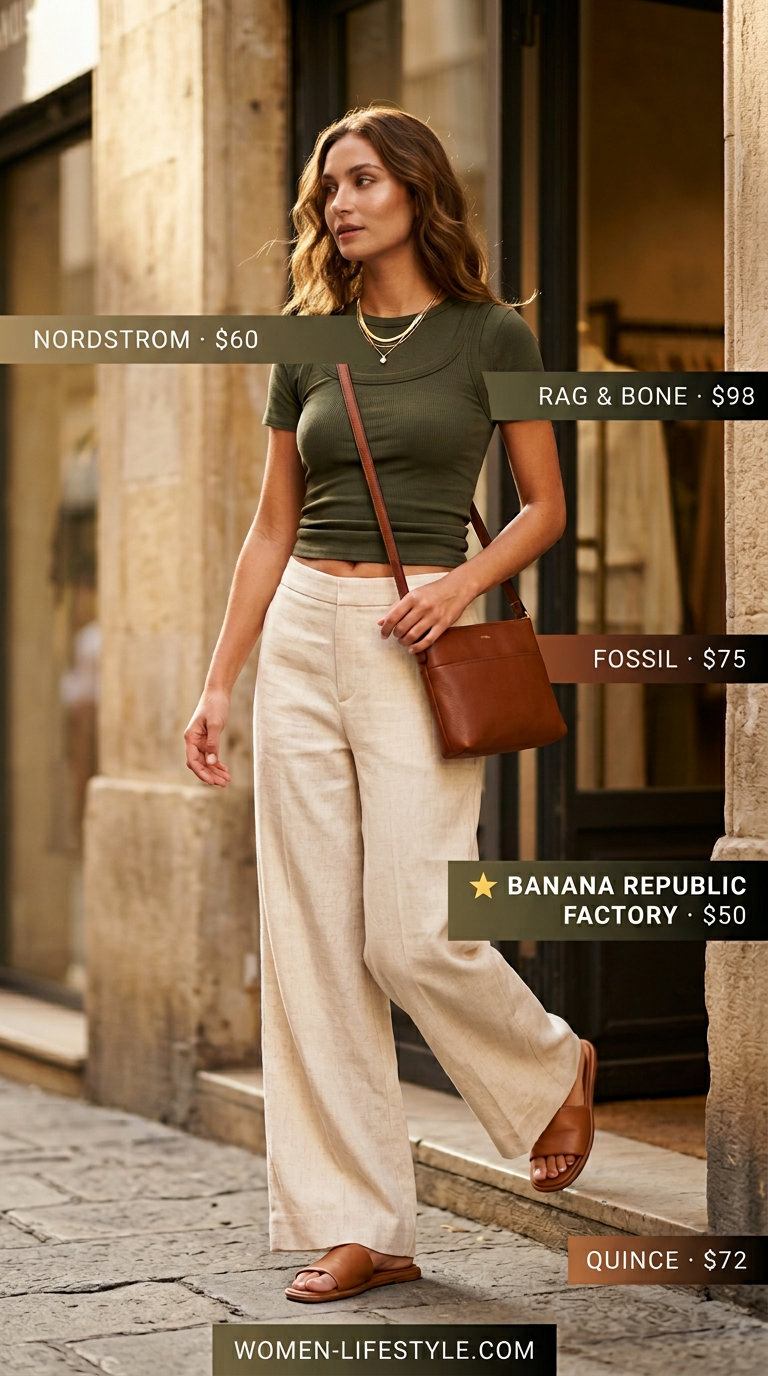 Loose fit hot weather summer outfits for women 2026: Cream linen pants, olive tank, leather crossbody. Comfortable & stylish.