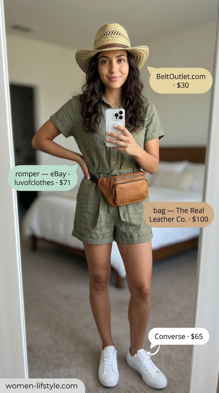 Loose fit hot weather summer outfits for women 2026: Olive green linen romper, straw hat, leather belt bag. Relaxed & easygoing.