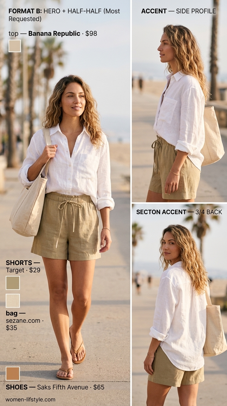 Loose fit hot weather summer outfits for women 2026: White linen shirt, khaki shorts, tan sandals & canvas tote for beach day.