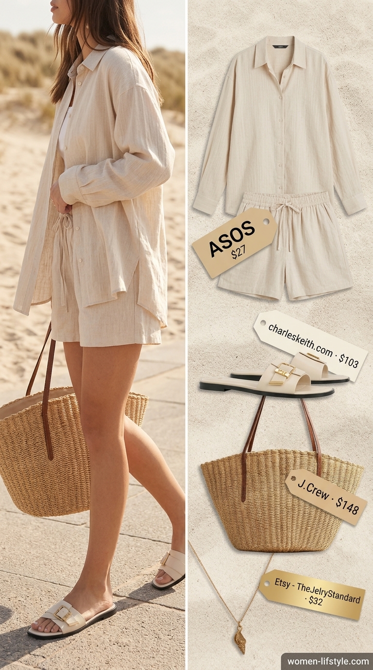 Loose fit hot weather summer outfits for women 2026: Sandy beige linen shorts set with cream slides & straw tote for beach.