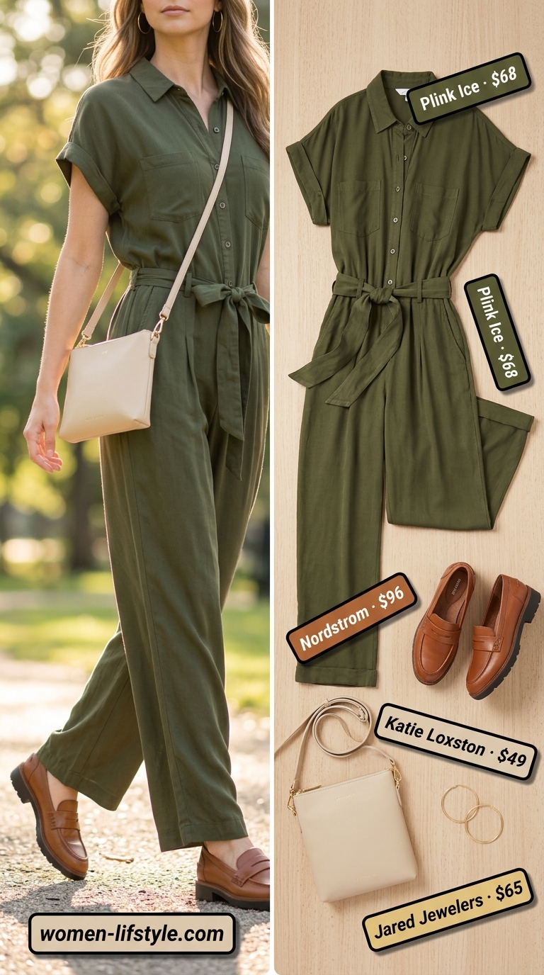 Loose fit hot weather summer outfits for women 2026: Olive green utility jumpsuit, tan loafers, gold hoops & crossbody bag.