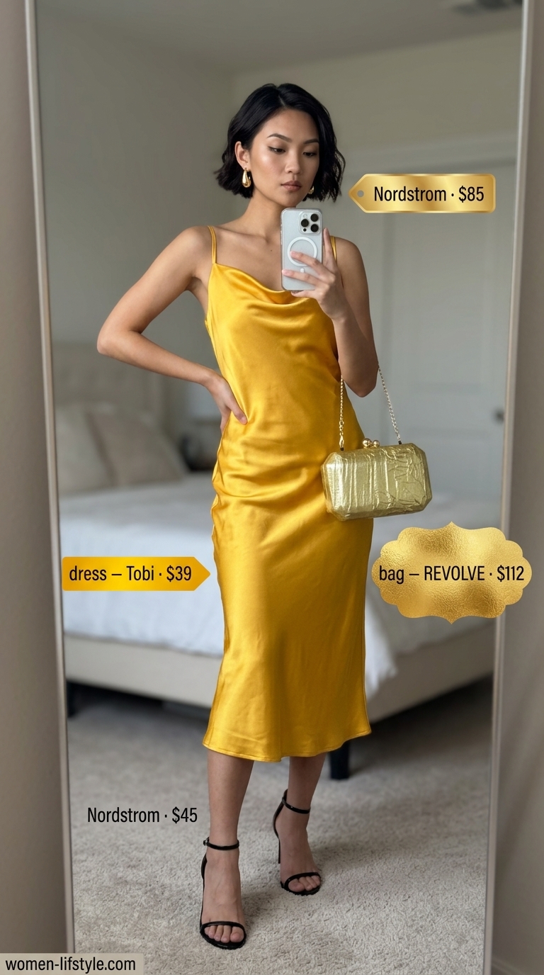 Loose fit hot weather summer outfits for women 2026: Golden yellow slip dress, black heels, statement earrings. Glamorous & sophisticated.